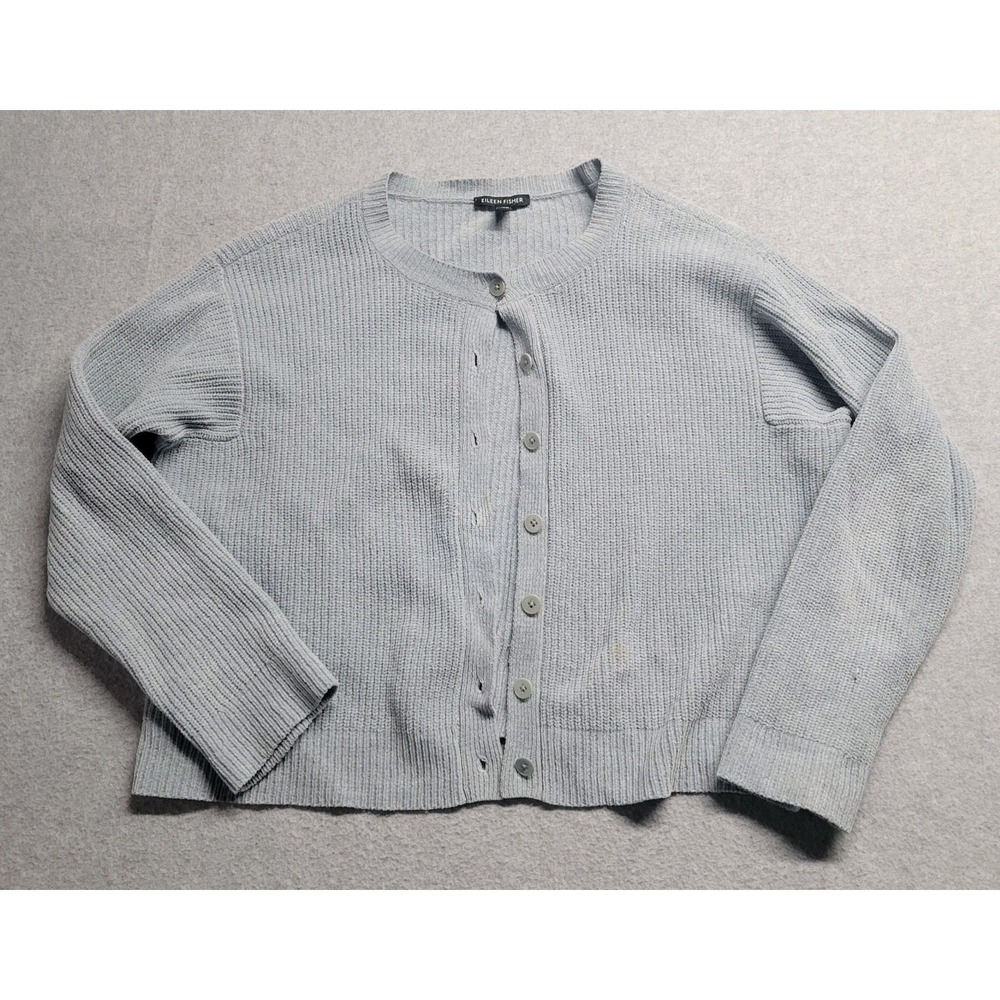 Eileen Fisher Organic‎ Cotton Ribbed Cardigan Sweater Blue Small Crew Neck Boxy
